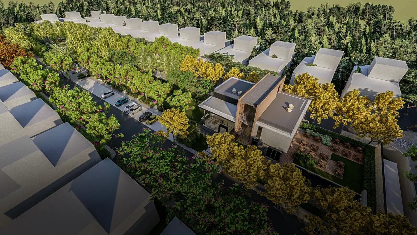 Aerial view of villa plot rows